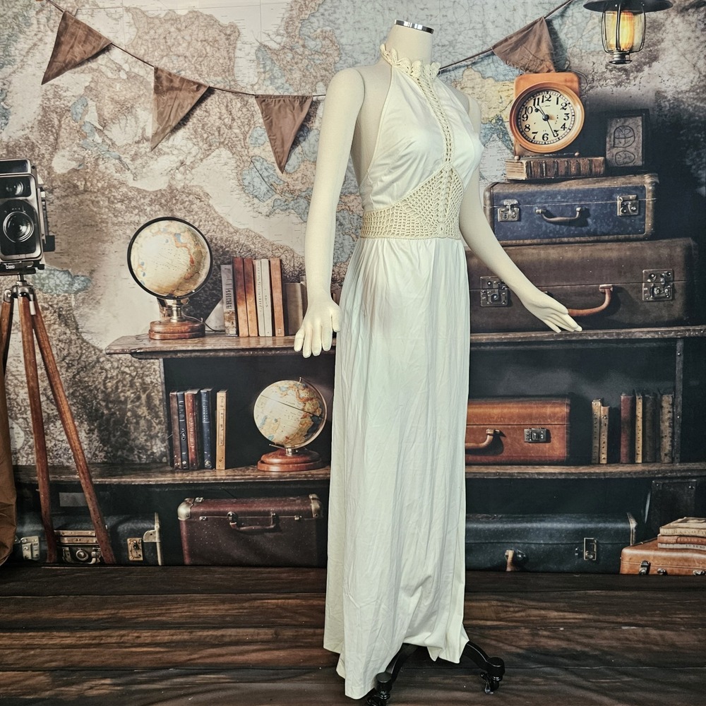 Vintage 1970s Dress Maxi Floor Length Cream Colored Crochet Neckline Inserts - Picture 15 of 15